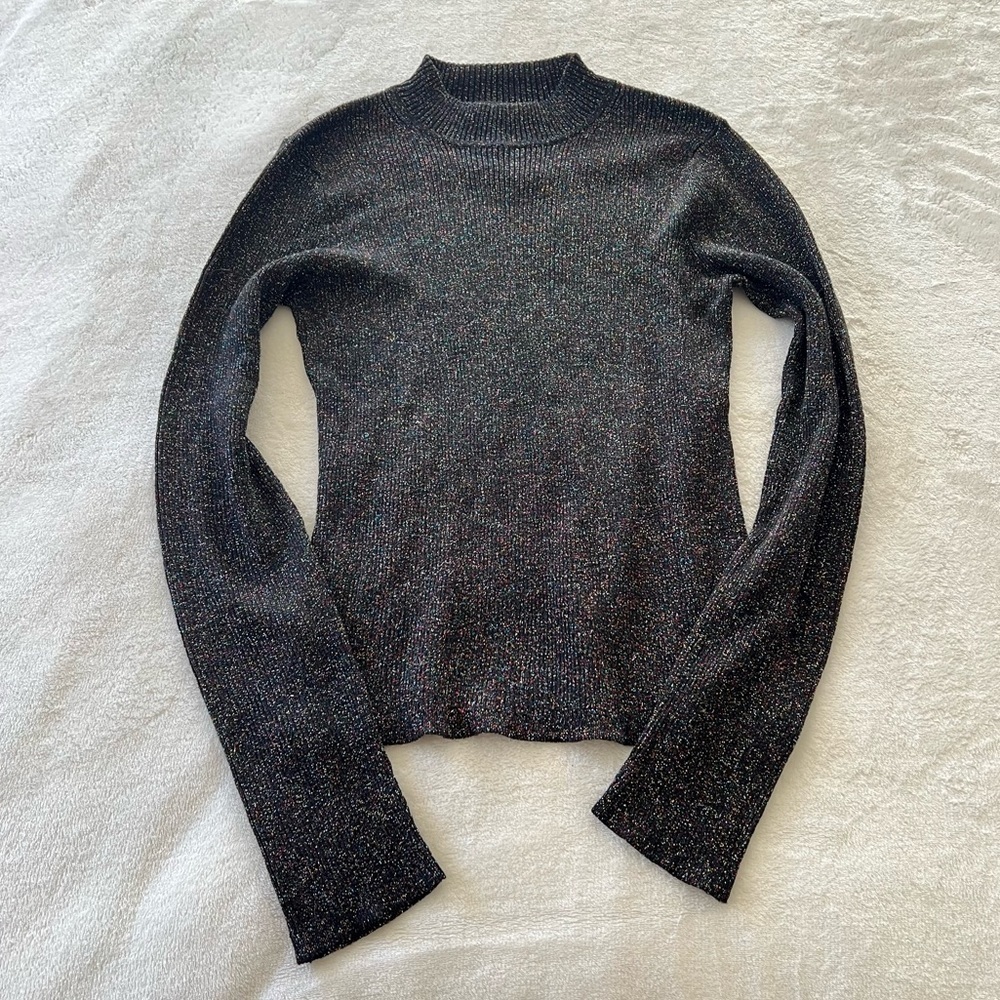August Silk Multicolor Confetti Black Shimmer Low Turtleneck Silk Blend Blouse